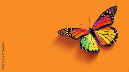 A colorful butterfly with open wings, against an orange background.