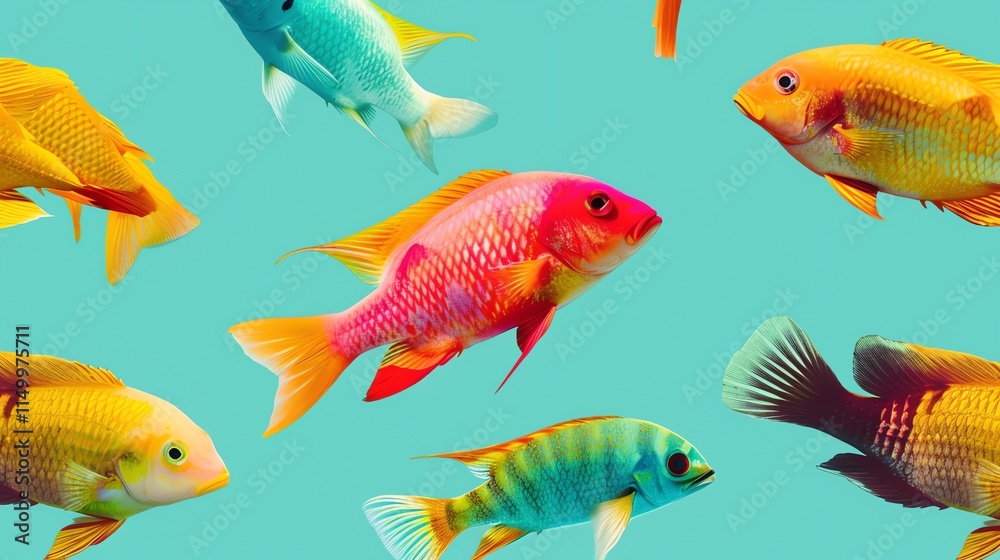 Fototapeta premium A vibrant pattern of colorful fish on a turquoise background.