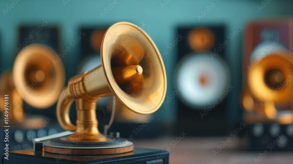 Evolution of Music Devices from Gramophones to Futuristic Speakers. banner, audio technology, evolution of devices, home entertainment, smart home, music lovers, collectibles Evolution of Music Devices from Gramophones to Futuristic Speakers. banner, audio technology, evolution of devices, home entertainment, smart home, music lovers, collectibles