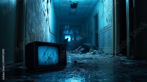 A dark, decaying hallway filled with debris leads to a shadowy figure in the distance. A broken TV set lies in the foreground, adding to the eerie, post-apocalyptic atmosphere of the scene.. AI