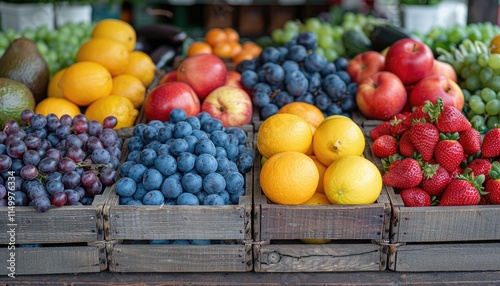 Colorful Fresh Fruits In Wooden Crates At Market photo