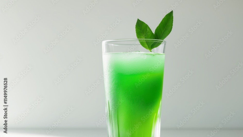 Green drink in a tall glass with a green leaf on top Green drink in a tall glass with a green leaf on top