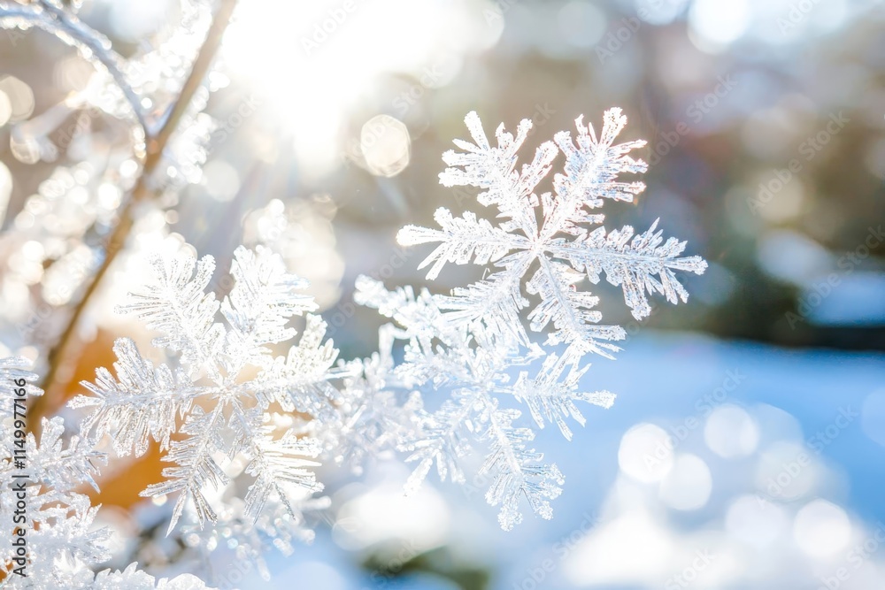 Snowflake frost patterns on glass. Vivid ice crystal textures on clear glass window.