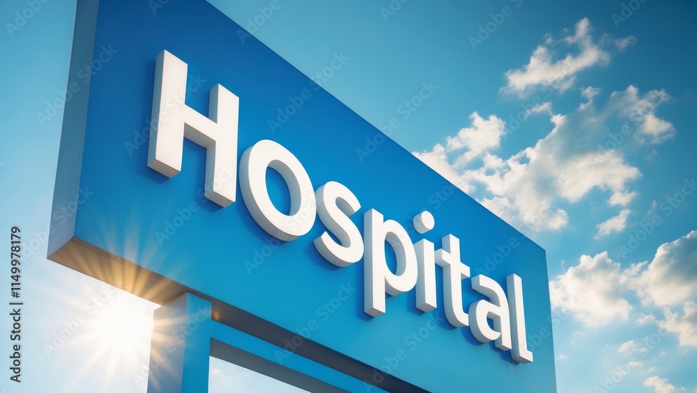 Bright hospital sign under the sun with a clear blue sky for medical facility identification Bright hospital sign under the sun with a clear blue sky for medical facility identification
