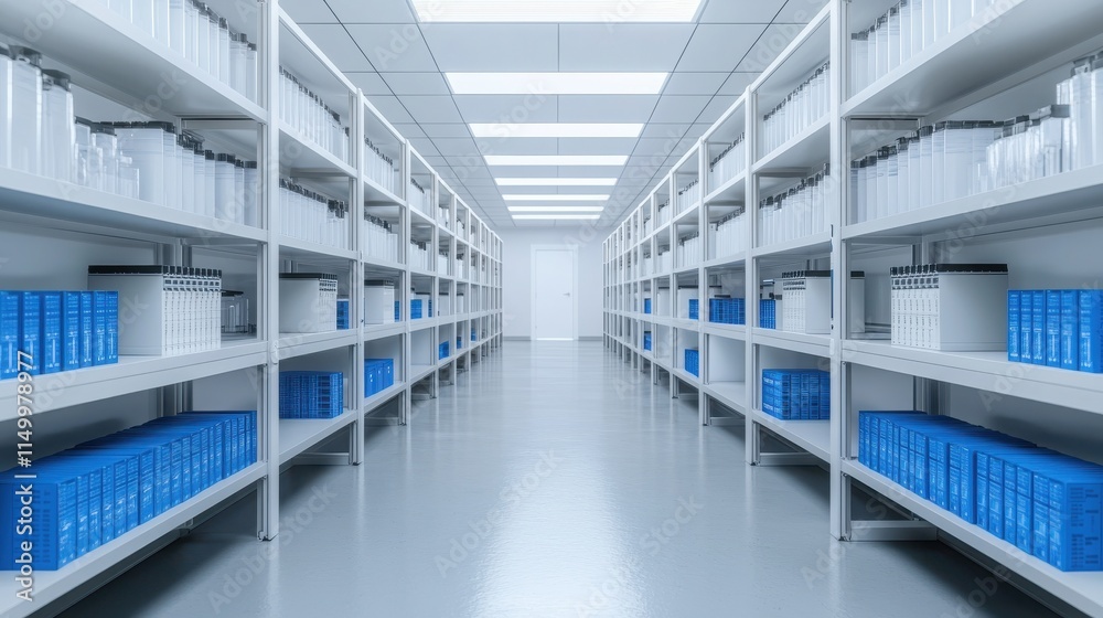 Privacy matters in health and medical info concept. Modern storage room with organized shelves and blue boxes. Privacy matters in health and medical info concept. Modern storage room with organized shelves and blue boxes.