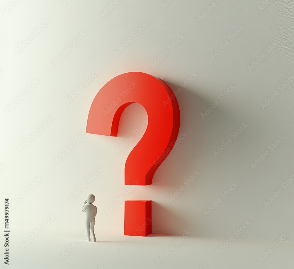 A small figure contemplates a large red question mark against a white background. A small figure contemplates a large red question mark against a white background.