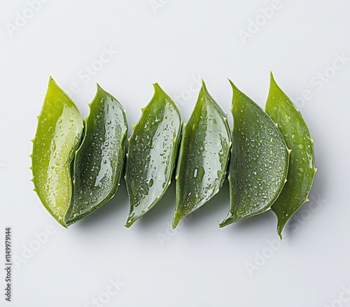 Fresh aloe vera leaves arranged on white background.