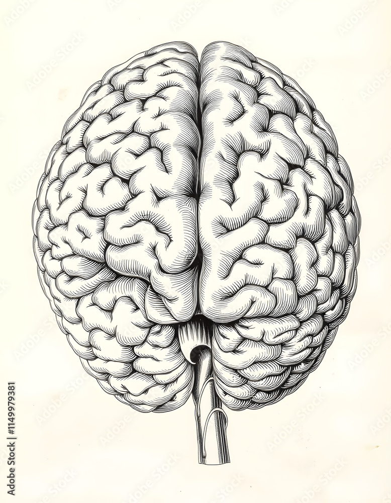 Fototapeta premium An engraved illustration of brain from a vintage book Descriptive und Topographische Anatomie written by C. Heitzmann and published in Wien, 1875, close-up, with white tones