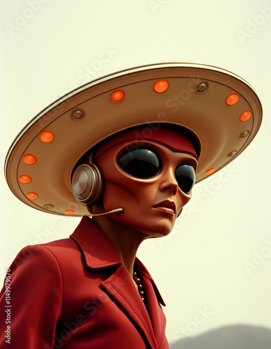 Retro vintage color photograph news style 1960s sci-fi science fiction alien UFO flying saucer journalistic hoax conspiracy theory concepts, simple style, with white tones