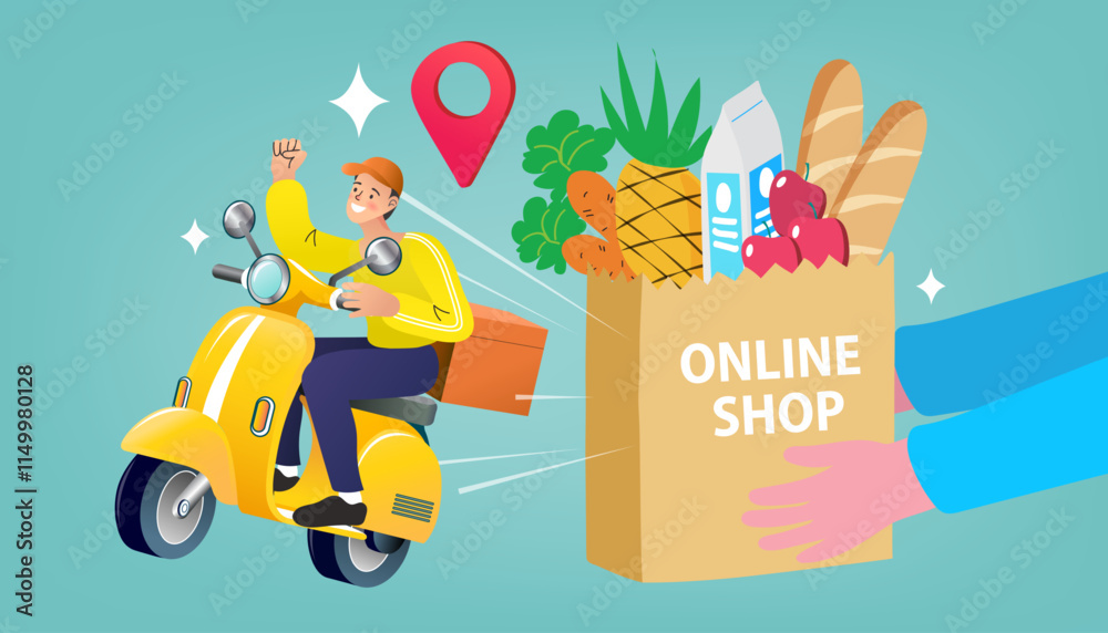 Fototapeta premium Woman standing near big mobile phone. Internet digital store scene with people on shopping. E-commerce advertising illustration. fast online delivery service. marketing and digital marketing. Vector