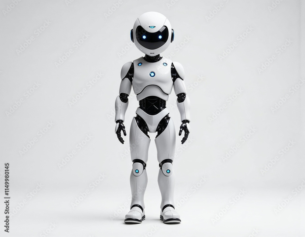 Fototapeta premium White unique and professional ( thin robot ) that has details and small blue lights on his body that is standing and facing straight with his whole body in a plain background