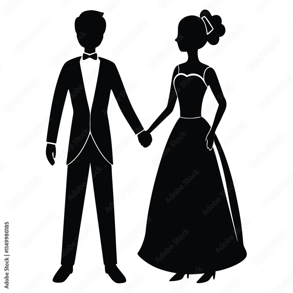 Fototapeta premium Couple holding hands silhouette wedding on white background