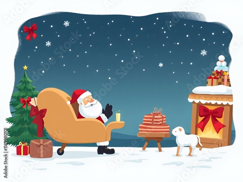 cartoon santa claus sitting in a chair with a dog and presents. photo