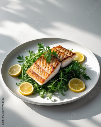 Grilled fish fillet served on arugula with lemon slices and fresh garnishes photo