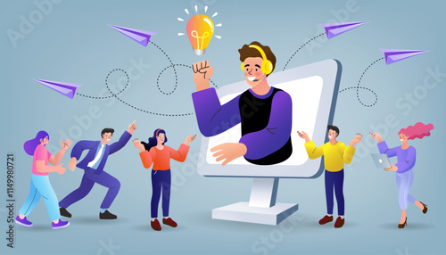 Online webinar and e-learning presentation. An inspirational speaker with a bright idea motivates his audience. Vector concept for a business coach, virtual masterclass, and leadership training.