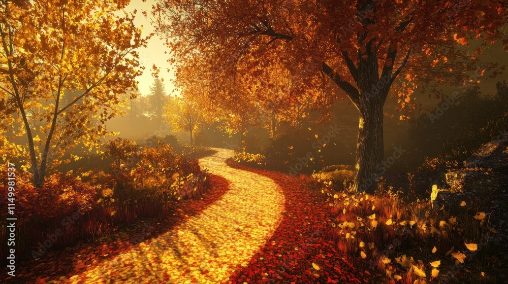 Fototapeta premium Autumnal Pathway Winding Through Golden Forest
