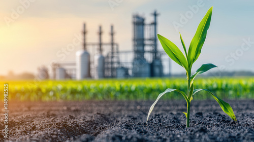 young corn plant in fertile soil with ethanol production facility in background photo