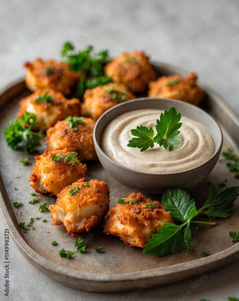 Crispy chicken bites served with creamy dip and fresh herbs on tray Crispy chicken bites served with creamy dip and fresh herbs on tray