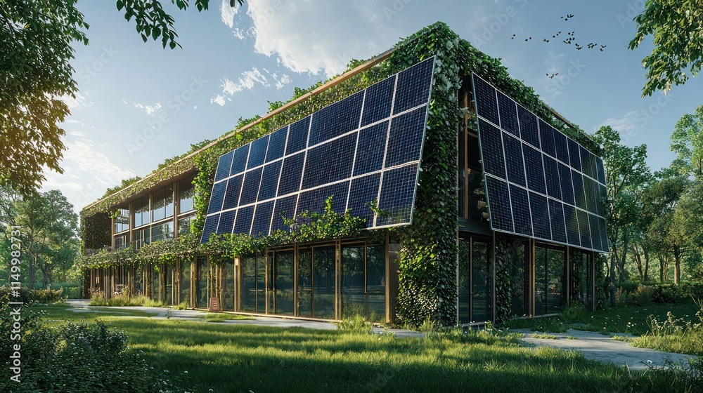 Modern Eco Friendly Building With Solar Panels And Greenery Modern Eco Friendly Building With Solar Panels And Greenery