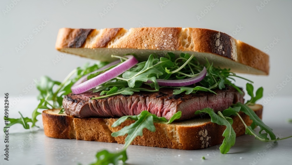 Delicious steak sandwiches with arugula and red onion served on toasted bread Delicious steak sandwiches with arugula and red onion served on toasted bread