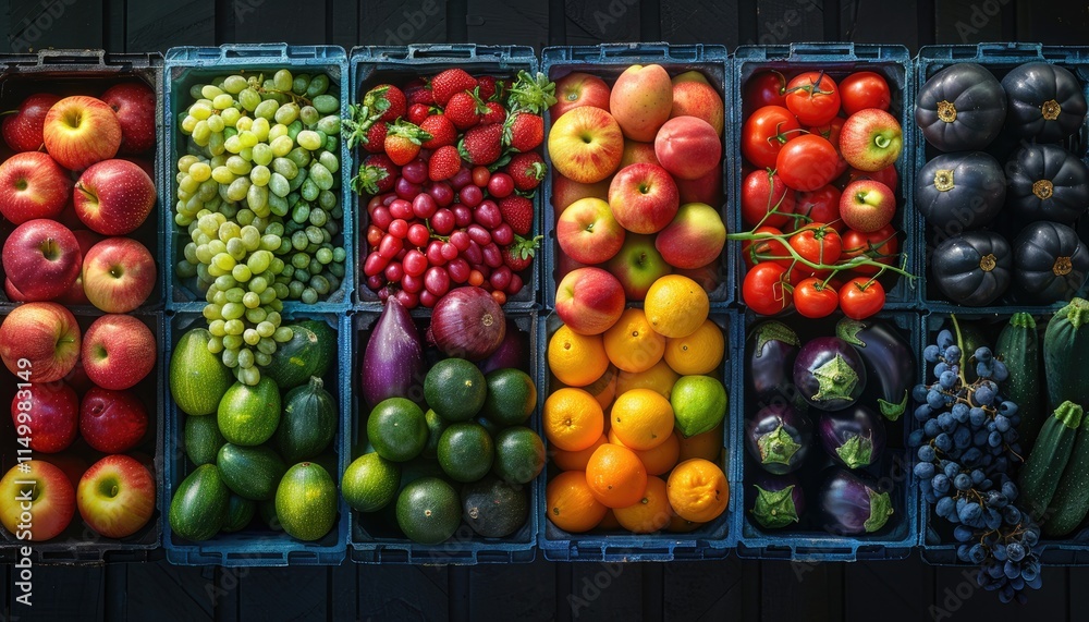Colorful Fresh Produce Arranged In Bins Colorful Fresh Produce Arranged In Bins