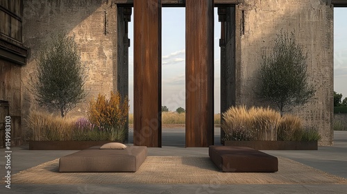 A modern outdoor space featuring minimalistic design, natural elements, and rustic textures for relaxation.