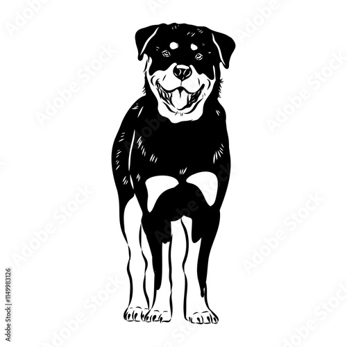 Doodle One Line Drawn Rottweiler . Black Curve Rottweiler dog, vector sketch