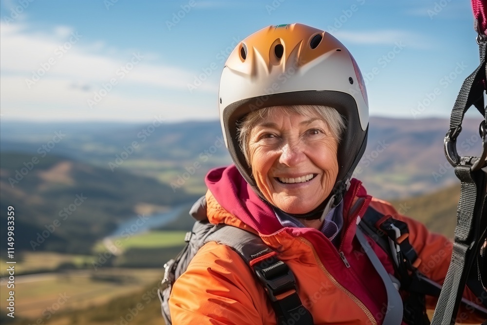 Portrait of happy senior woman with mountain bike helmet in the mountains Portrait of happy senior woman with mountain bike helmet in the mountains
