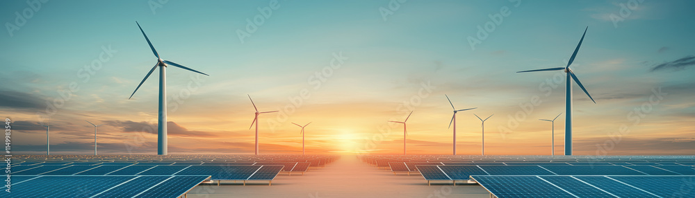 Obraz premium Solar panels and wind turbines in serene sunset, symbolizing renewable energy