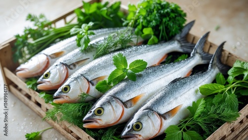 Fresh fish arranged creatively with herbs for promotional display at a market photo