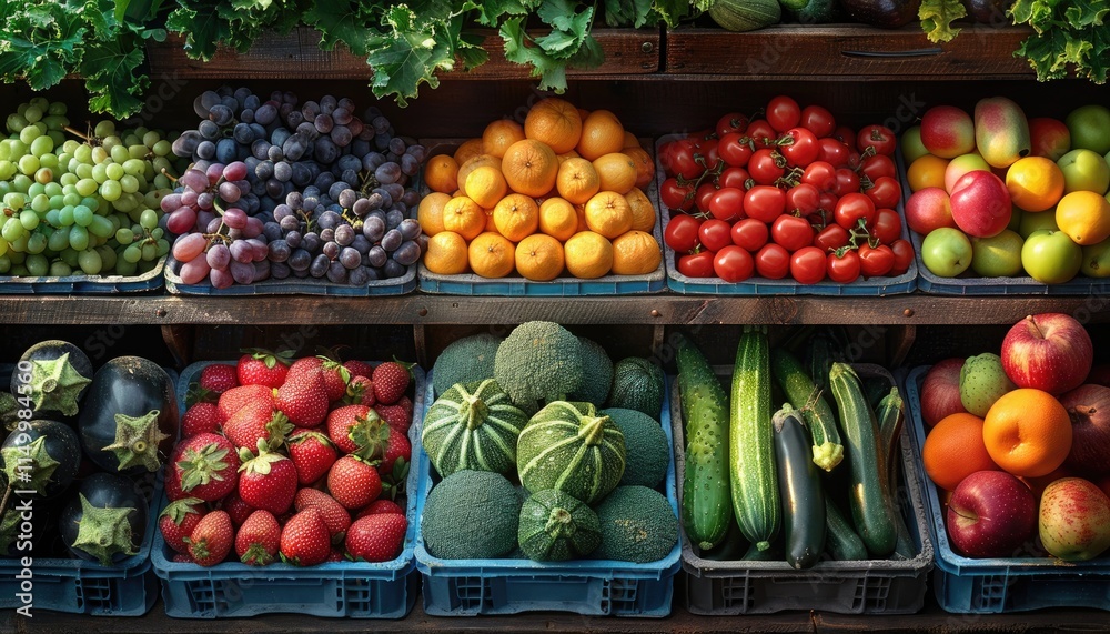Fresh Produce Displayed In Wooden Market Crates Fresh Produce Displayed In Wooden Market Crates
