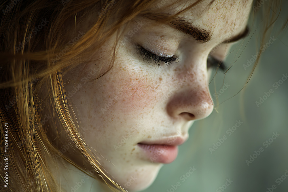 Portrait of a Young Woman with Freckles, Red Hair, and Pensive Expression: A Close-Up Study in Soft Lighting and Subtle Emotion Portrait of a Young Woman with Freckles, Red Hair, and Pensive Expression: A Close-Up Study in Soft Lighting and Subtle Emotion