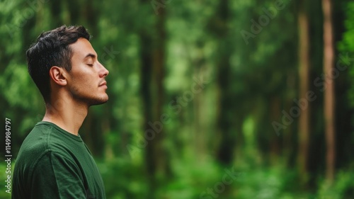 A man meditating peacefully in a lush green forest.