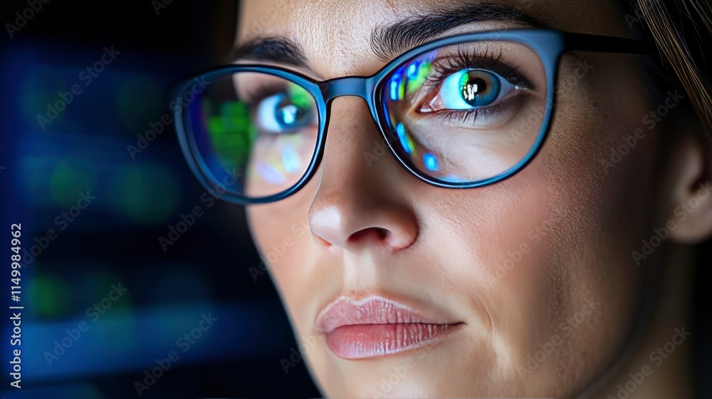 Focused Woman in Glasses Working on Computer Screen at Night Focused Woman in Glasses Working on Computer Screen at Night