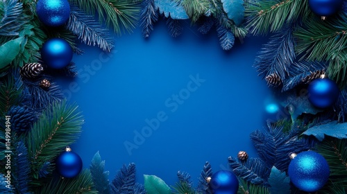 Christmas card with a festive frame of fir branches, blue ornaments, and decorative elements on a vibrant blue background.


 photo