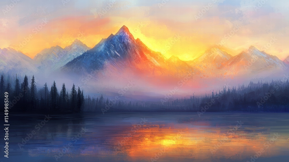 Fototapeta premium Tranquil Sunset Over Glowing Rainbow Mountains Reflecting in Calm Water