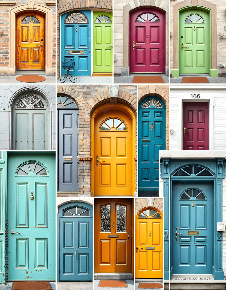 Collection of different retro style entrance doors, creative collage, mindfulness theme, with white tones