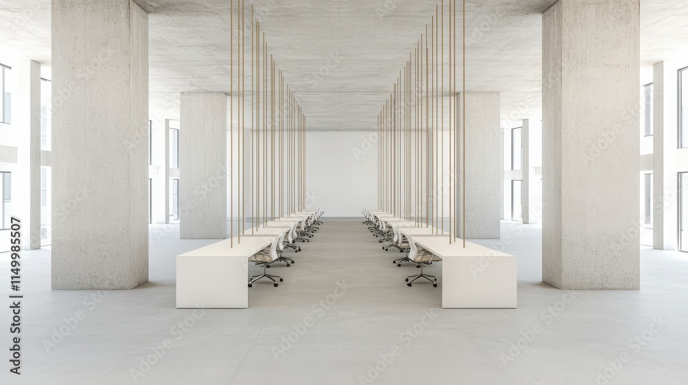 Fototapeta premium Modern office interior with minimalist design featuring long tables and ergonomic chairs in a bright environment.