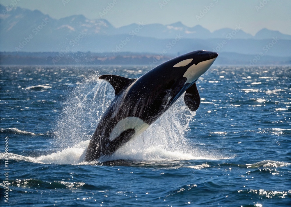 Fototapeta premium A killer whale, an orca, emerging from the deep blue waters