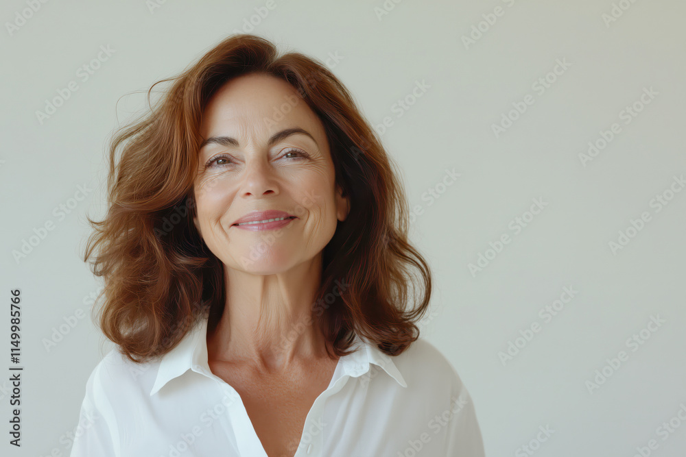 Portrait of attractive smiling middle aged woman in casual atmosphere on light background