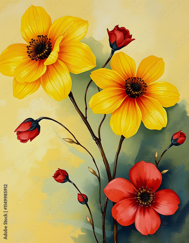 Elegant Yellow and Red Flowers on a Soft Yellow Background Elegant Yellow and Red Flowers on a Soft Yellow Background