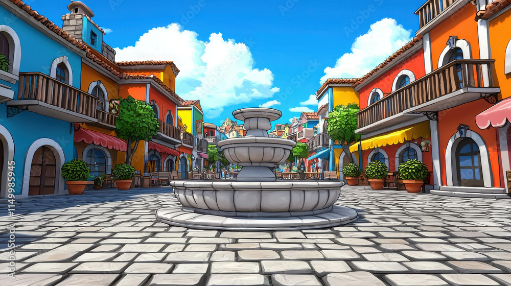 Fototapeta premium Cheerful Village Square Featuring Large Decorative Fountain Under Bright Blue Sky