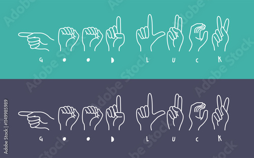 Deaf sign language goodluck pictogram or symbol. Hand line pattern with cartoon fingerprint icon. Represents deafness and hand gestures