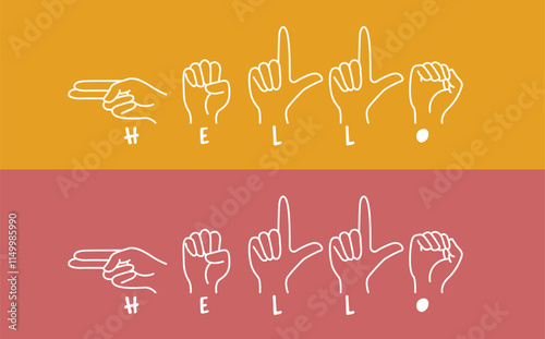 Deaf sign language HELLO for World Hello Day on November 21. Cartoon icon with banner speech bubbles in sign languages. Greeting, saluting, and promoting deafness awareness