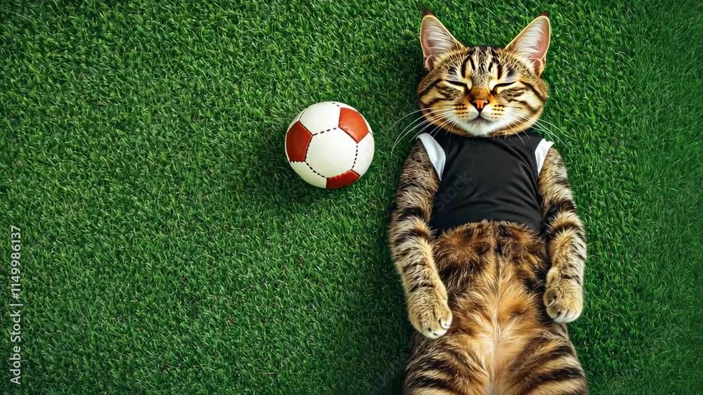 Relaxed cat lying on grass next to soccer ball in jersey, playful animal sport concept