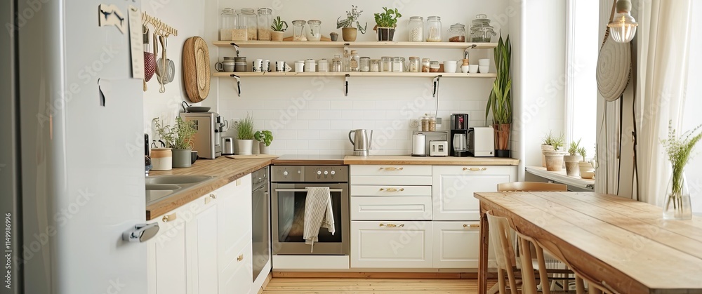 A bright and airy kitchen featuring light wood counters, white cabinetry, open shelving with an array of glass jars and plants, alongside a natural wood dining table, A bright and airy kitchen featuring light wood counters, white cabinetry, open shelving with an array of glass jars and plants, alongside a natural wood dining table,