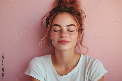 Peaceful Young Woman with Freckles and Messy Bun, Serene Expression Against Soft Pink Background, Close-up Portrait Photography