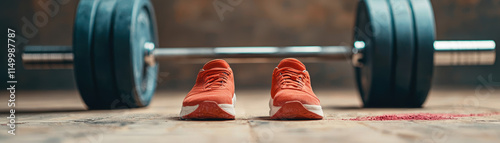 pair of red sneakers placed in front of loaded barbell on gym floor