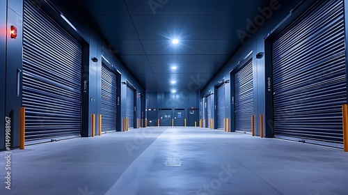 A row of modern storage units with industrial garage doors is depicted under a clear blue sky, emphasizing clean architectural lines, a symmetrical perspective, and a minimalist design. photo