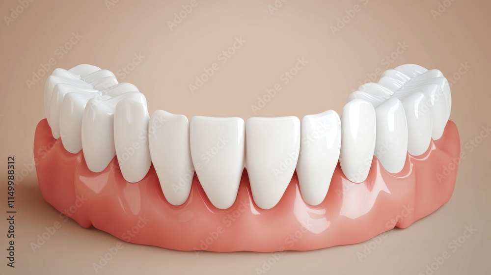 Fototapeta premium A 3D-rendered dental model showcasing the lower set of human teeth and gums. Perfect for medical, dental, or educational purposes, providing a clear and detailed view of human oral anatomy.. AI